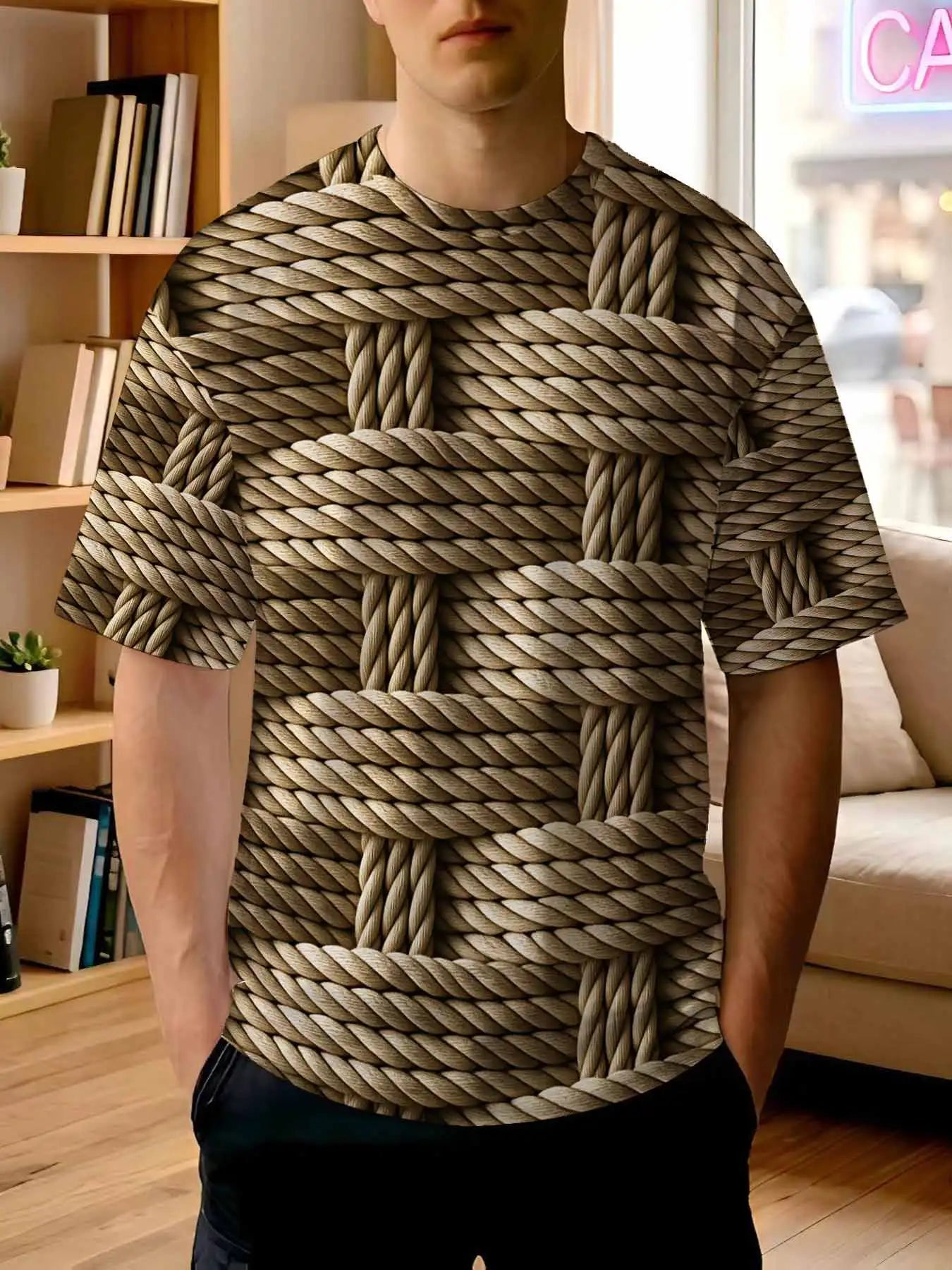 2026 new printed T-shirt  Men's Retro Woven Rope Print Casual T-Shirts Trendy Texture Loose Crewneck Tees