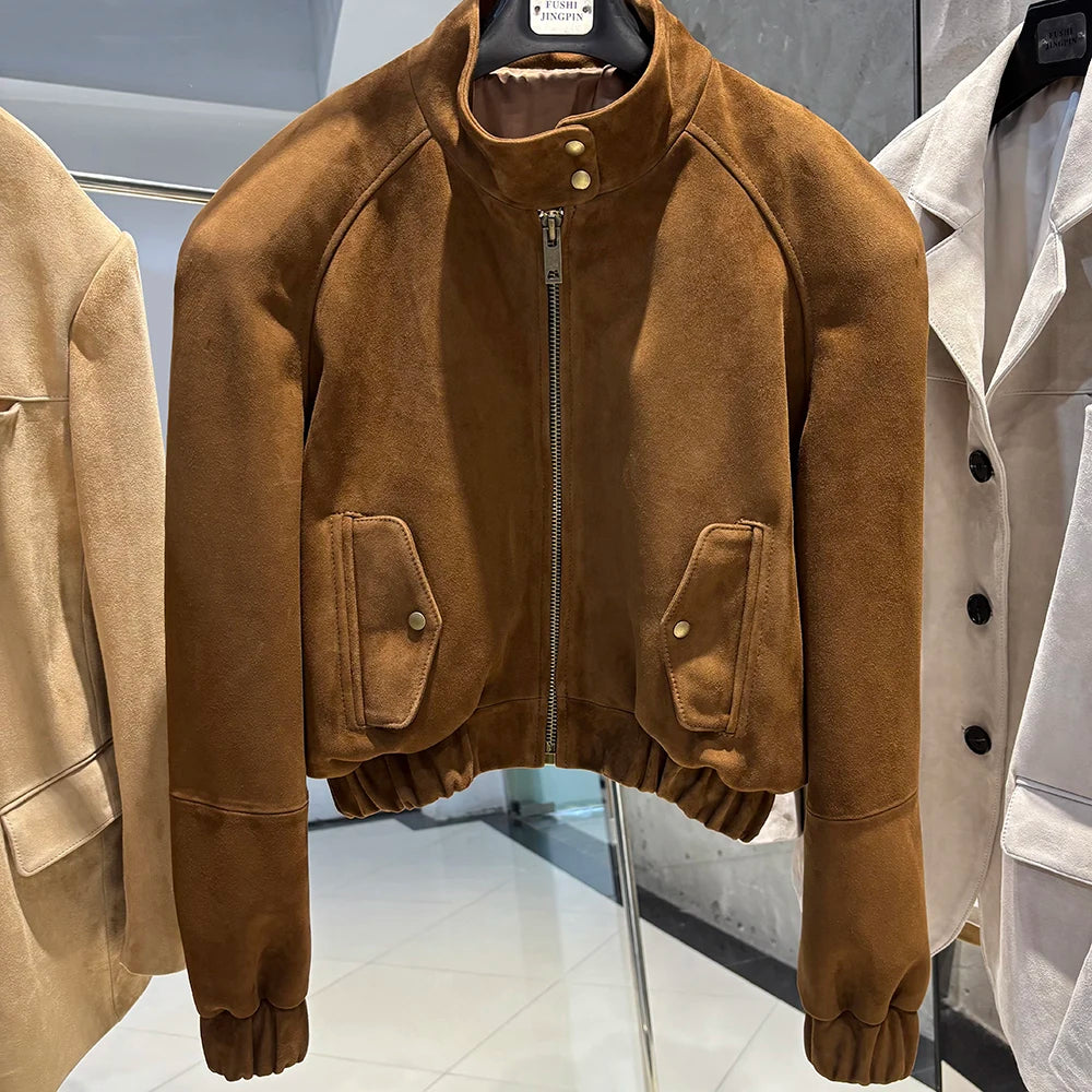 YOLOAgain Suede Leather Jacket Coat Women Real Leather Cropped Jacket Bomber Jacket 2025 Autumn
