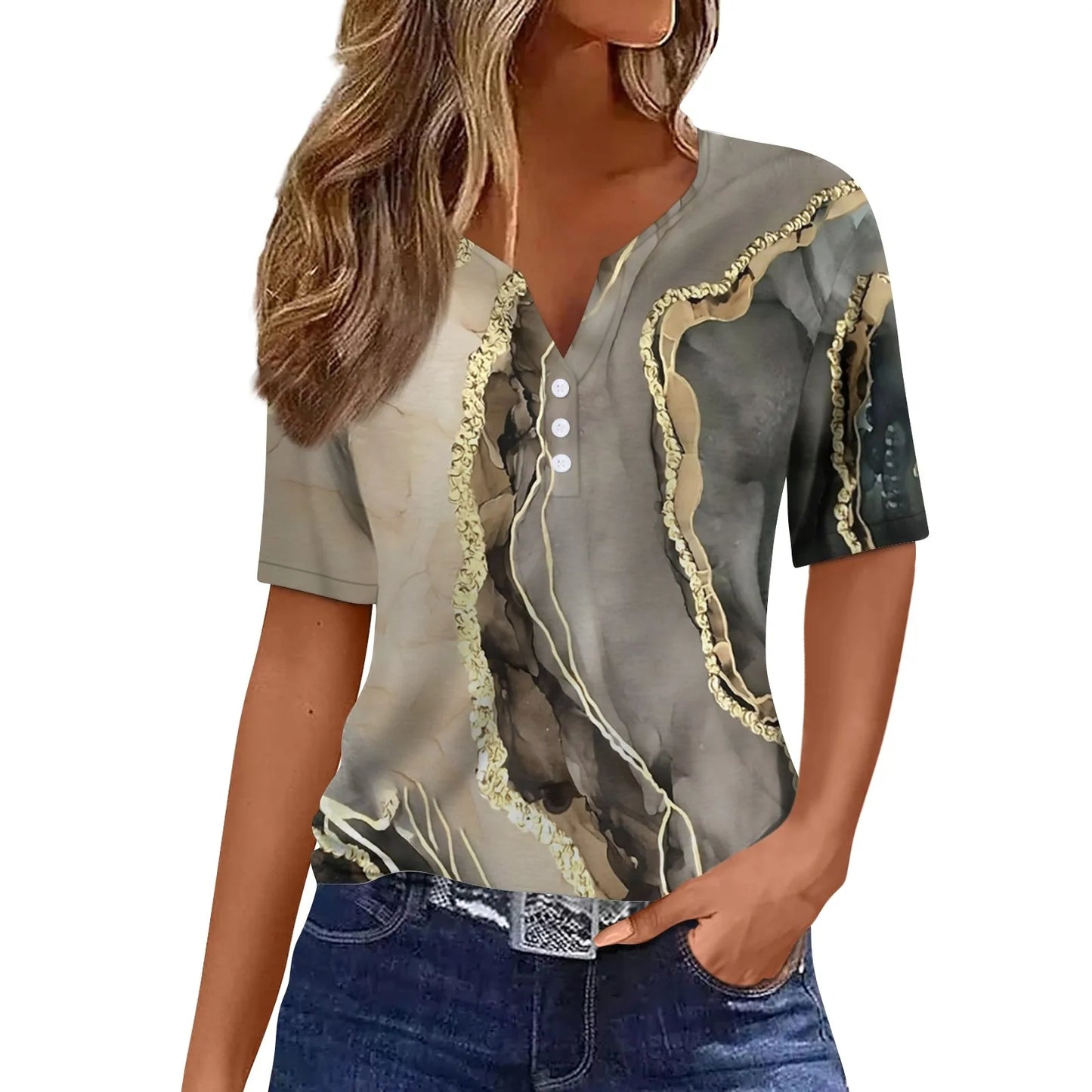 Summer Women T-Shirts 3D Fashion Print Gradient Harajuku T Shirt Oversized Tees for Ladies Clothing New Short Sleeve V-Neck Tops