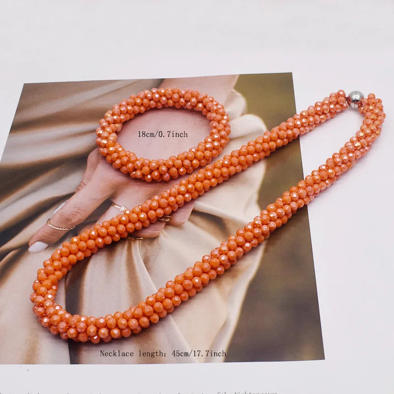 New Woven Bead Necklace Glass Beaded Bohemian Statement Necklace Bracelet Hair Accessory Set For Women Jewelry Gift