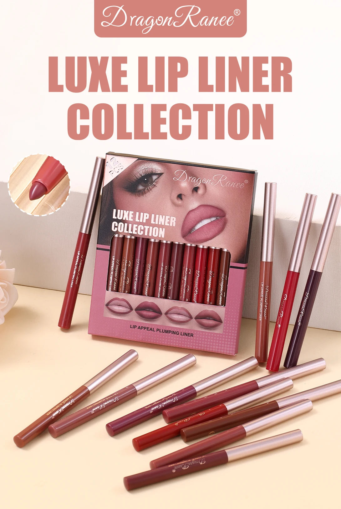 12-Piece Lip Liner Set, Matte, Easy to Outline, Waterproof and Sweat-Proof, Versatile for Daily Use, Long-Lasting, Delicate, Non-Smudging, a Must-Have for Beginners