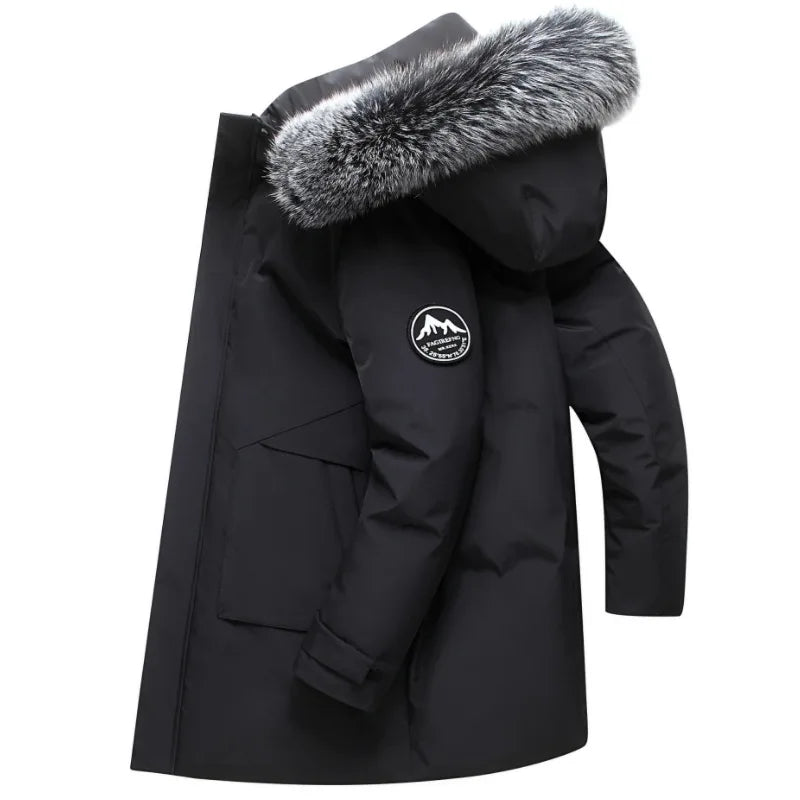Winter New Men's Mid to Long Down Jacket with Hood Big Fur Collar Thick Warm Coat Winter White Duck Down Windproof Parka Korean