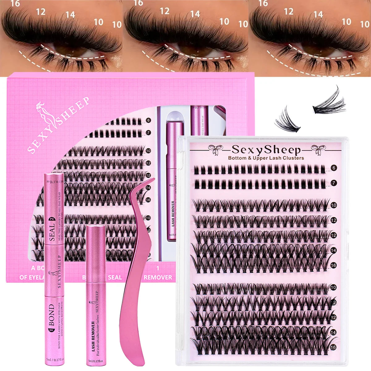 DIY Eyelash Extension Kit Soft Natural Look Wispy Kit with Bond & Seal Tweezers Reusable Cluster Lashes D Curl Individual Lash