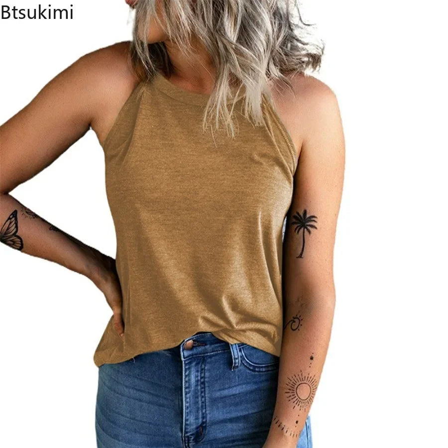 2026 Women's Summer Clothing Top Halter-neck Vest Shirts Women Wear Solid Color Slim-fit Sleeveless Round Neck Blouse For Women
