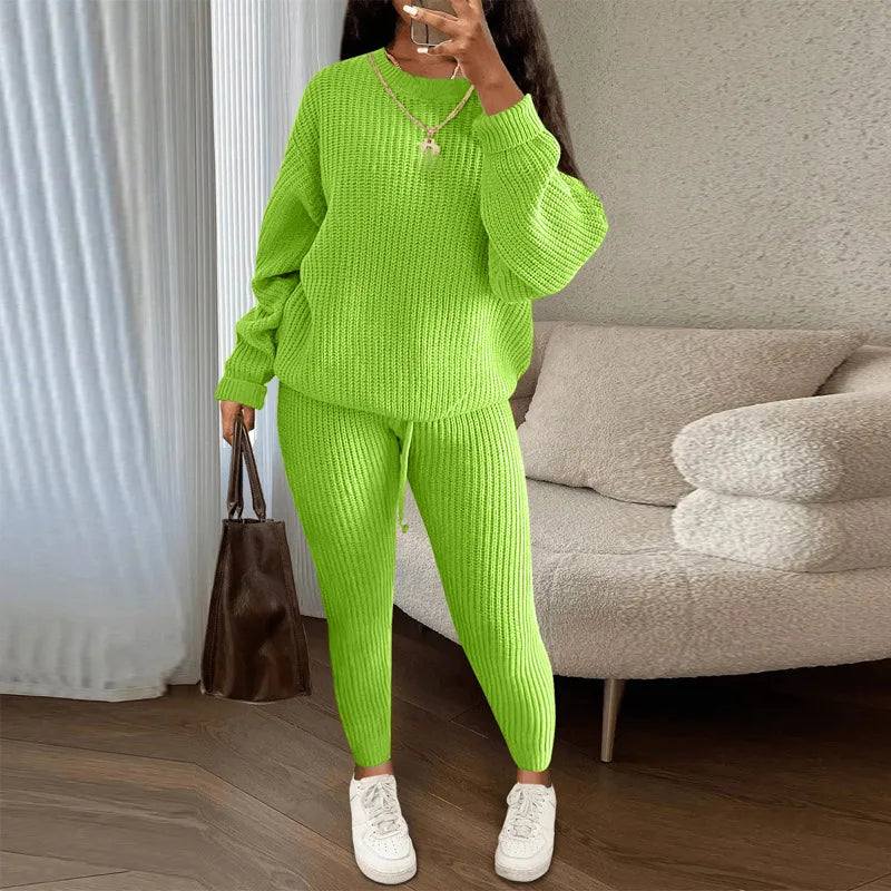 Fashion Casual Knitted Suits Long Pants Suits Women's Woolen Suits New Fashion Elegant Casual Solid Two Piece Outfits Woman