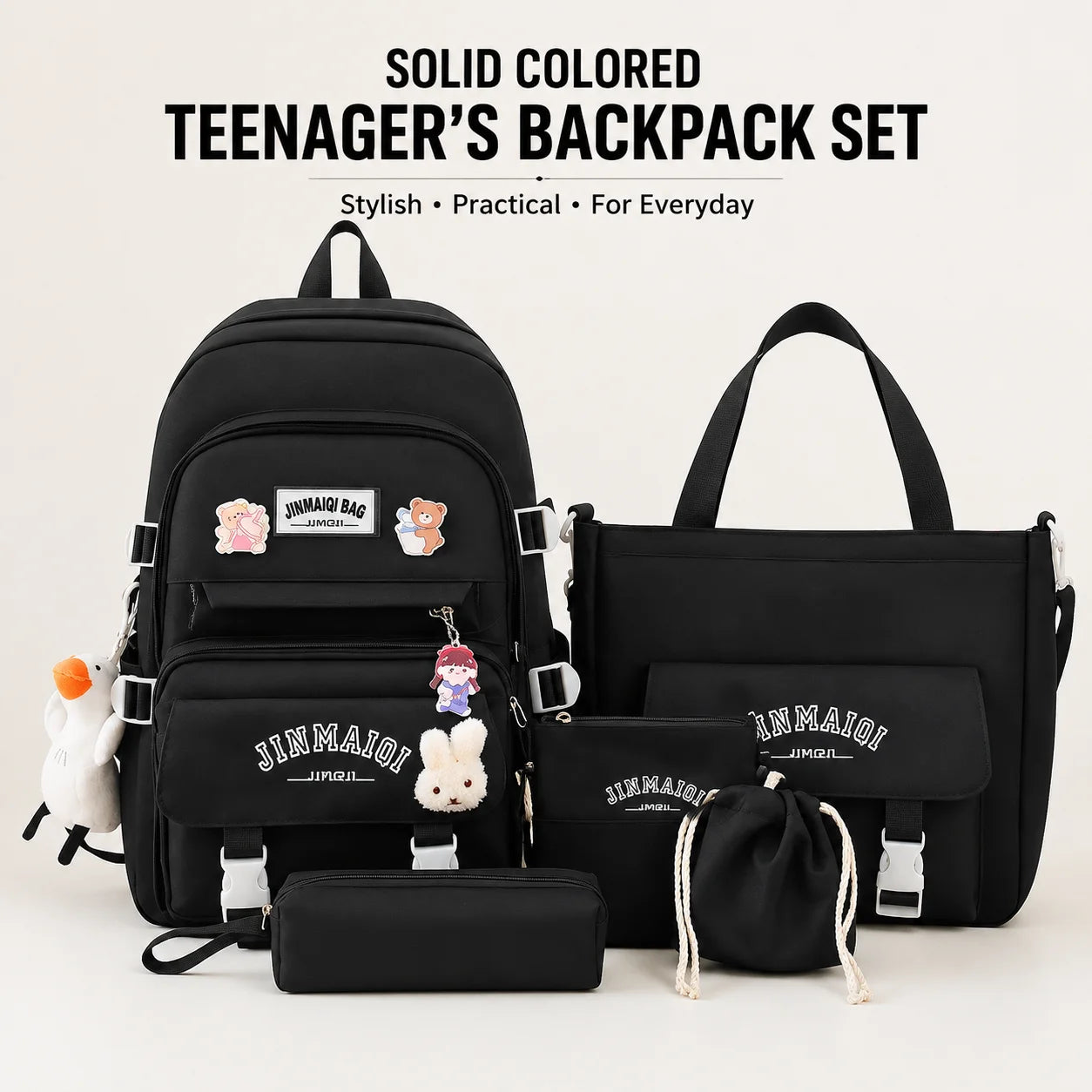 Solid Colored Teenager'S Backpack Set, Large Capacity Double Shoulder Bag, Easy Handbag And Coin Purse, Casual Crossbody Bag etc