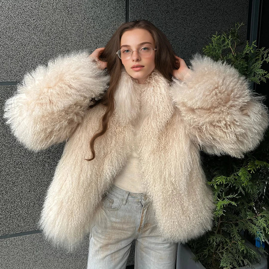 Natural Sheepskin Coat With Stand Collar Natural Sheep Fur Coat Full Skin Lamb Fur Jacket Best Selling Women's Leather Jacket