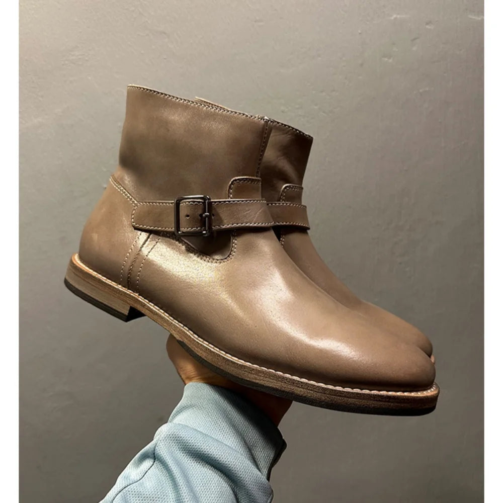 Handmade horsehide casual ankle boots Chelsea boots for men genuine leather sole adjustable strap decoration zip business style