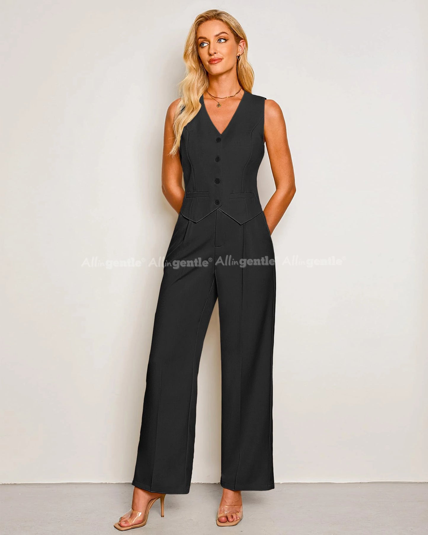 Pant Suits for Women Dressy Casual 2 Piece Sets Sleeveless Blazer Vest with High Rise Wide Leg Pants Outfit