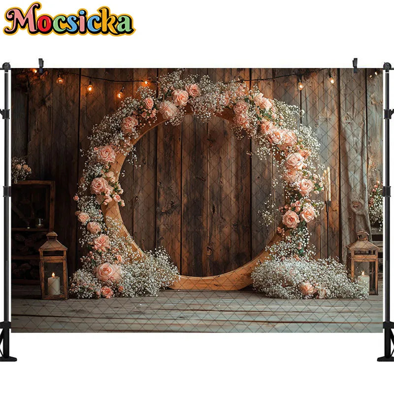 Wedding Theme Photography Background Round Wreath Wooden Wall Decoration Couple Wedding Scene Supplies Backdrop Studio Props