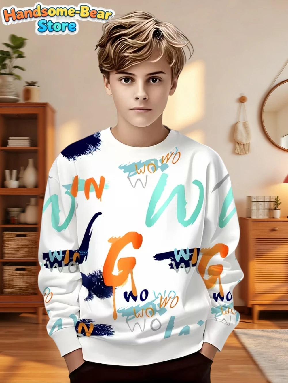Autumn Classic Boys Sweatshirt Outdoor Round Neck Long Sleeves Top Stripe 3D Print Loose Hoodies Streetwear Children's Clothing