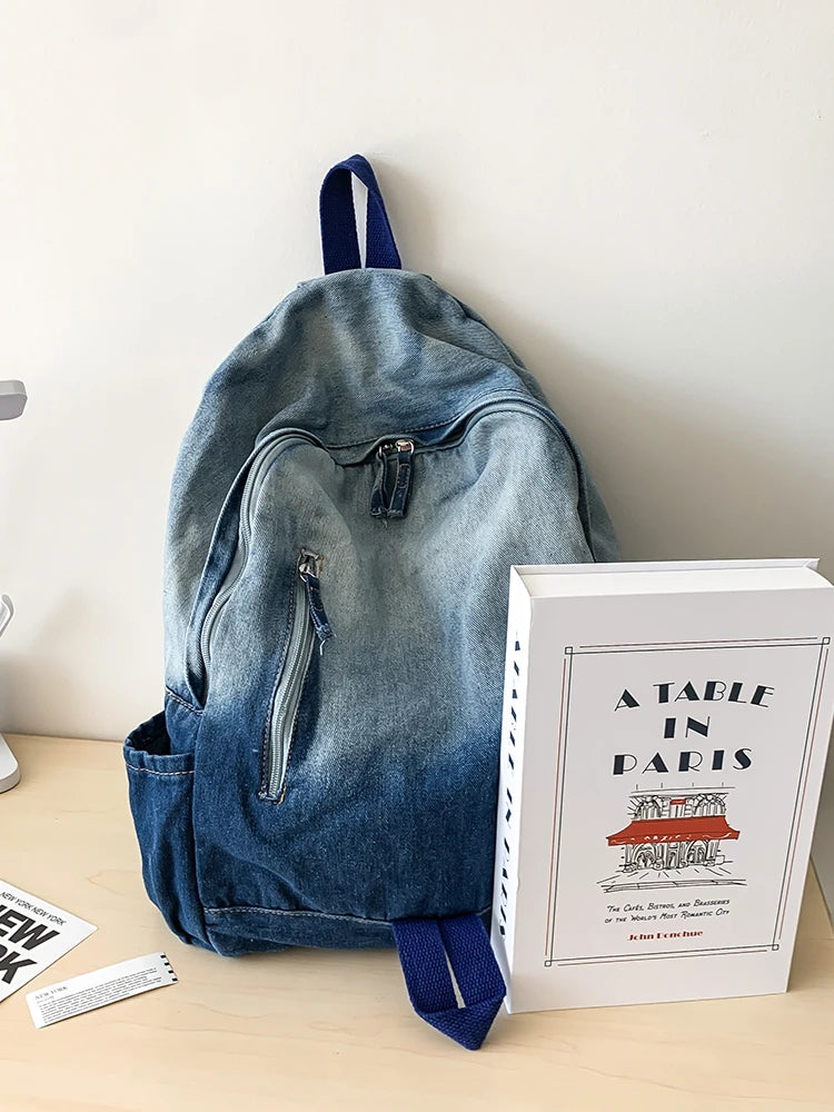 Men's and Women's Backpacks, Student School Bags, Large-Capacity Washed Denim Bags