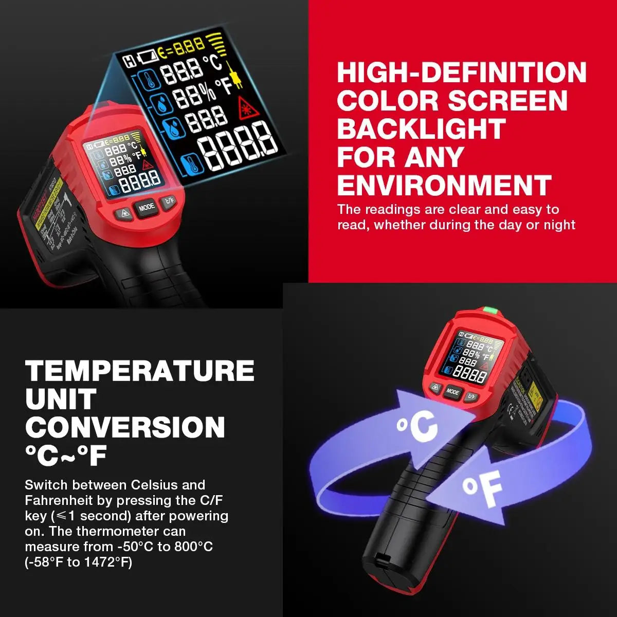 HABOTEST HT651D Infrared Thermometer Laser Temperature Meter -50-800℃ Non-contact Industrial Infrared Laser Temperature Meter
