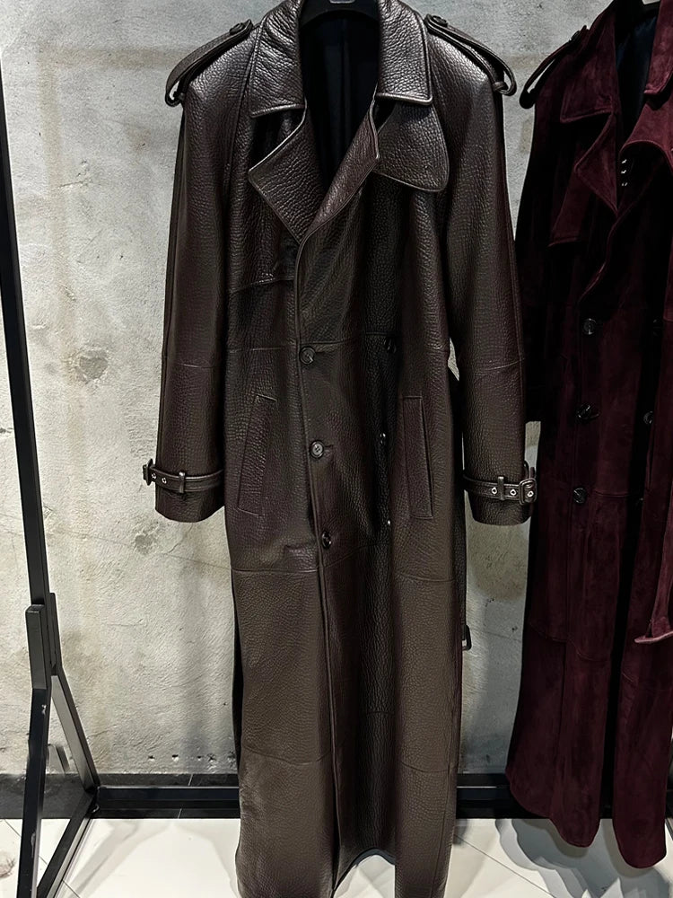 Suede Burgundy Long Coat Double Breasted Windbreak Length 150cm Women's Real Suede Coat