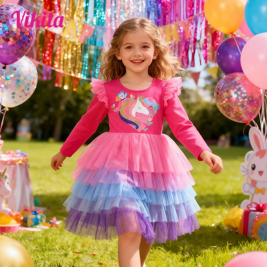 VIKITA New Girls Unicorn Pink Dress Kids Layered Mesh Tulle Tutu Princess Dresses Kids Prom Gown Long Sleeve Autumn Spring Dress