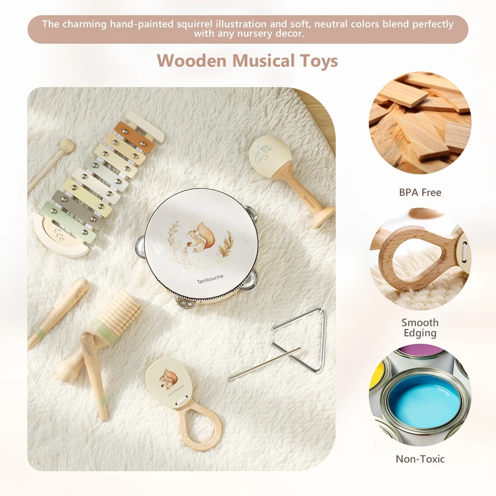 Montessori Musical Instruments for Children Wooden Baby Toys Child Musical Instrument Toddler Toys Squirrel Instrument Sets Gift