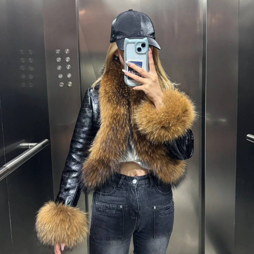 Natural Raccoon Fur Collar Real Leather Jacket Women 2025 Autumn Black Crocodile Textured Leather Jacket Ladies Streetwear
