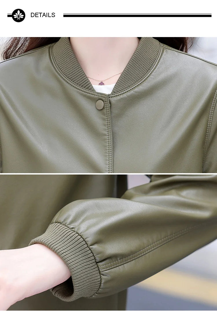 New Women Casual Leather Jacket Spring Autumn Fashion Patchwork V-Neck Single Breasted Loose Short Outerwear Split Leather