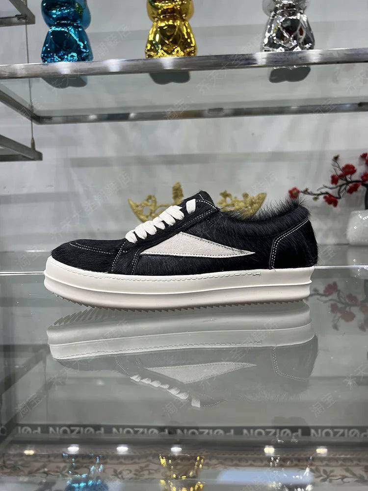 24ss New Horse Hair Low Top Quality Casual Shoes Dark Red Men Genuine Leather Thick Sole Lace Up Luxury Sports Ro Women Sneakers