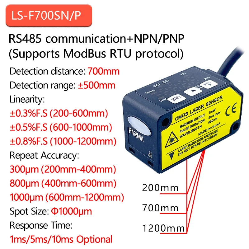 The laser displacement sensor features high-precision distance measurement and thickness detection, with rs485 switch analog out