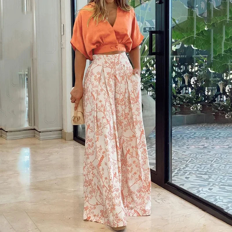 Pant Sets Summer New Bat Sleeve Print Shirt & Wide Leg Pants Two Piece Set for Women Fashion Women's Suit Chic and Elegant Set