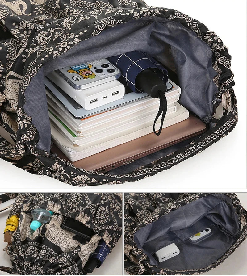 Women's Backpack Drawstring Large Capacity Lightweight Leisure Minimalist Portable Shopping Travel Bag Fitness Sports Bag