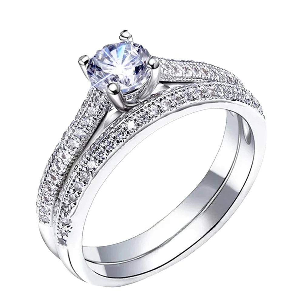 925 Sterling Silver Ring Inlaid With Crystal Zircon Fashionable Couple Double Layer Ring, Wedding Party Gift Jewelry