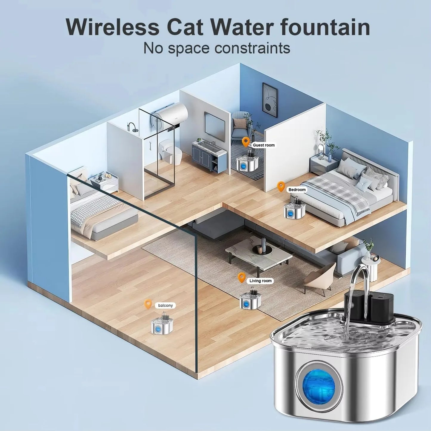 108oz/ 3.2L Wireless Cat Water Fountain Stainless Steel Battery Operated 4000mah Rechargeable & Faucet Pet Water Fountain