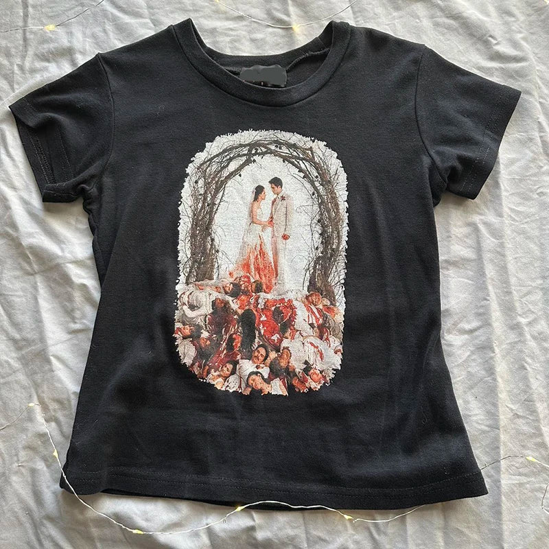 Summer Emo girls Y2k style clothes Harajuku print grunge Short Tops women's 90s T-shirts Fashion Goth Baby Tees Crop Tops 2000s
