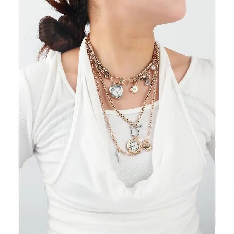 Necklace with Fashion Pin, Button Key, Heart Pendant for Women; Bohemian Multi-Strand Clavicle Chain Accessory