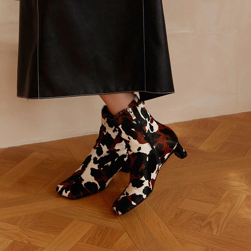 Genuine Leather Horsehair Square Toes Ankle boots,Fashion winter woman boots,knight boots, Modern High Heel boots Women pumps