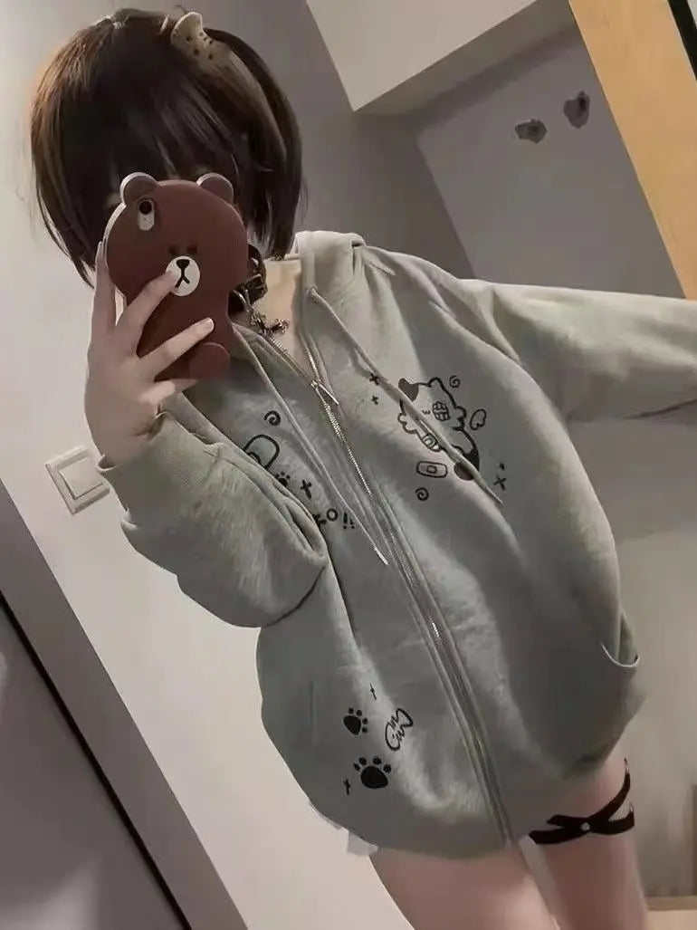 Spring Autumn Jackets Cute Cats Print Zip Up Hoodie Women Streetwear Sweatshirt Y2k Tops Cartoon Japanese Coat Grunge Black Gray