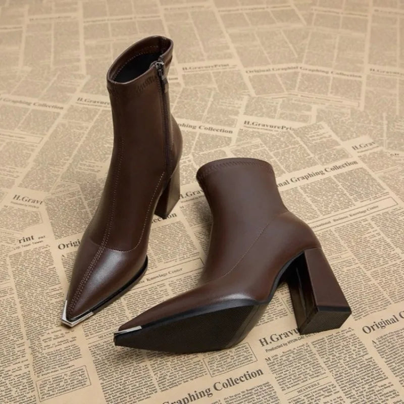 Pointed Toe Women's Ankle Boots Fashion Back Zippers Short Botas Ladies Elegant Square High Heel Winter Women's Footwear 2025
