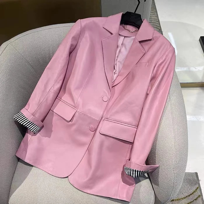 European American Streetwear Leather Jacket For Women Chic Loose Fit Suit Coat Female Flip Pocket Two Bottons White Blazer Mujer