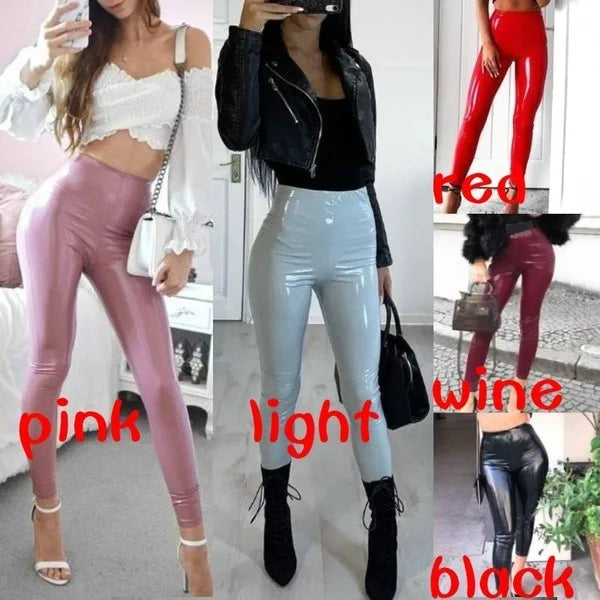 Pants women 2026 casual Spring summer patent leather mid-waist thin tight pink stylish commuting trousers PU leather tight pants