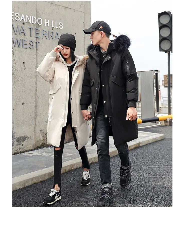 New Winter Down Jacket Men's Couple Fashion Big Fur Collar Medium and Long Youth Pie To Overcome Warmth and Thickening Tide