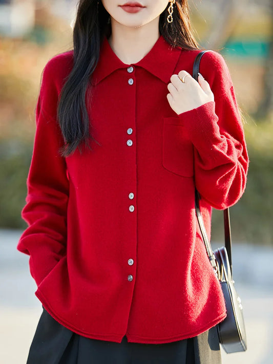 POLO Collar Wool Sweater 100 Pure Wool Spring And Autumn New Knitted Women Loose And Slimming Cardigan ZA682