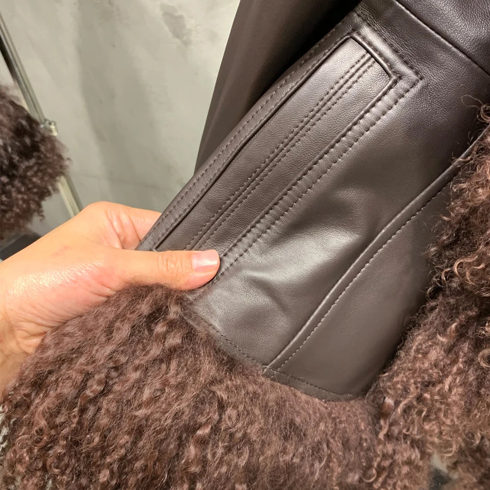 Sheep Collar Coats Women Winter Luxury Mongolian Fur Leather Jackets with Long Sleeve 7251