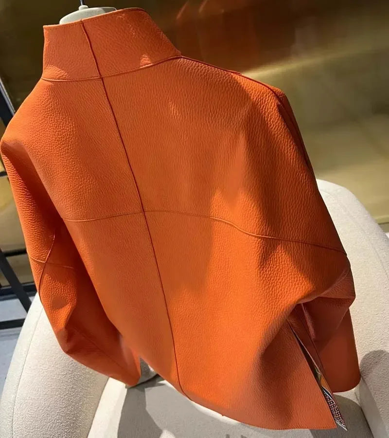 New fashion 2025 women coat sspring orange import real sheepskin jacket floral pattern lining short length big pockets