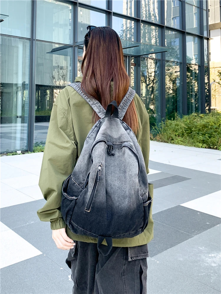 Men's and Women's Backpacks, Student School Bags, Large-Capacity Washed Denim Bags