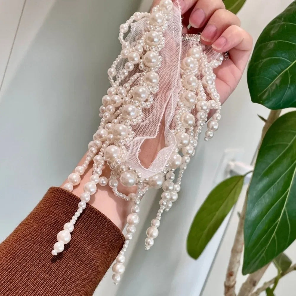 Neck Pendant White Pearl Lace Choker Alloy Creative Tassel Beads Necklace French Style Collarbone Chain Mesh Neck Jewelry Women