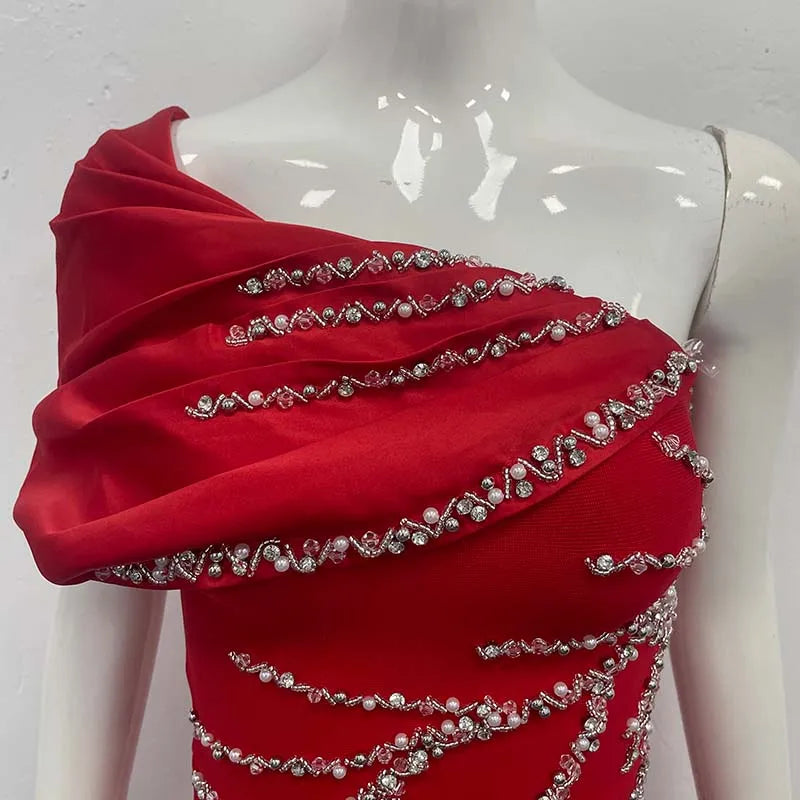 Black Dresses Woman Elegant One Shoulder Shining Rhinestones Bodycon Red Bandage Long Dresses Party Cocktail Dress Evening Dress
