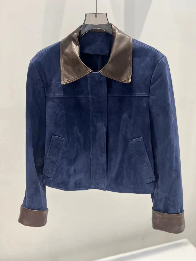 European Imported Suede Jacket Women 2025 Autumn Winter Branded New Contrasting Leather Coat Navy Blue Short Locomotive Casacos