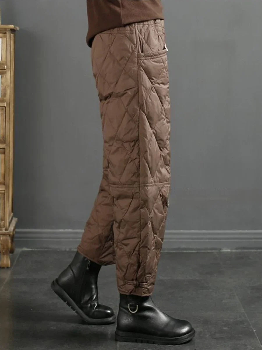 Vintage Quilted Pants Women Winter Warm Trouser Cotton-padded Pants Casual Design Pockets Elastic Waist Korean Chic Black Pants