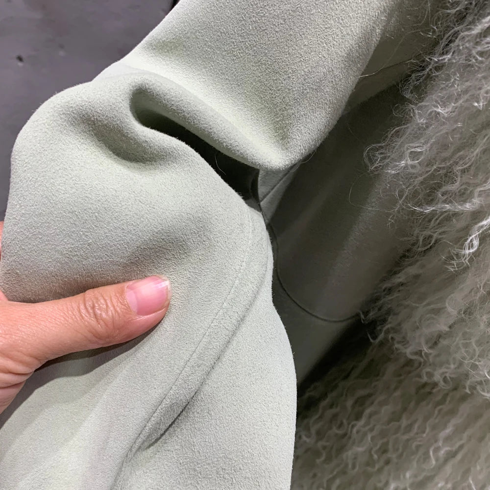 Suede Coat Fur Collar Women Autumn Genuine Sheepskin Coat Long with Mongfolian Fur Trim