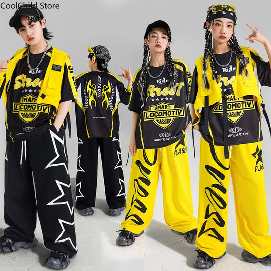 Boys Hip Hop Contrast T-shirt Yellow Vest Sweat Pants Girls Street Dance Jazz Costume Children Clothes Set Kids K-pop Streetwear