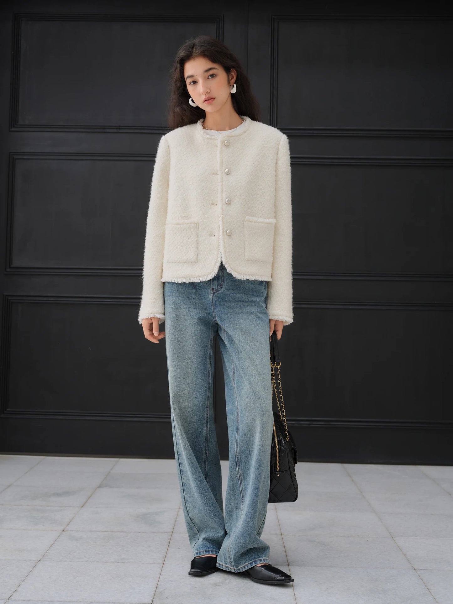 ZIQIAO Straight Shoulder Wool Sequined French Style Jacket for Women 2025 Autumn New White Top Elegant Ladies