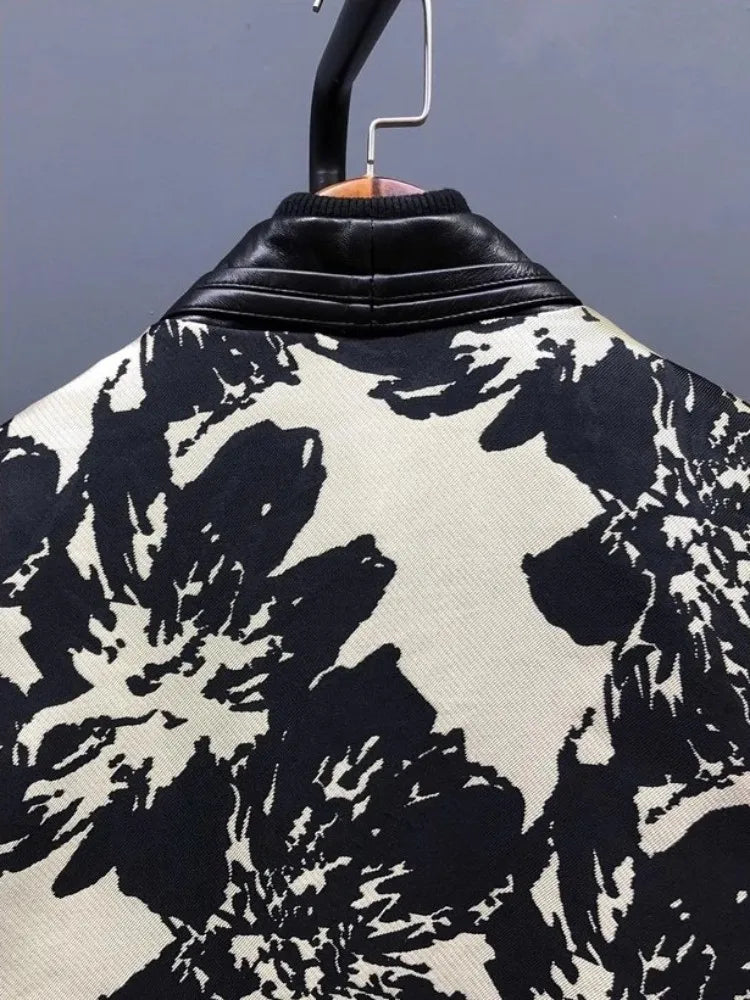 New Chinese Style Printed Patchwork Elegant Women Sheepskin Genuine Leather Jacket V-Neck Spring Autumn Office Ladies Short Coat