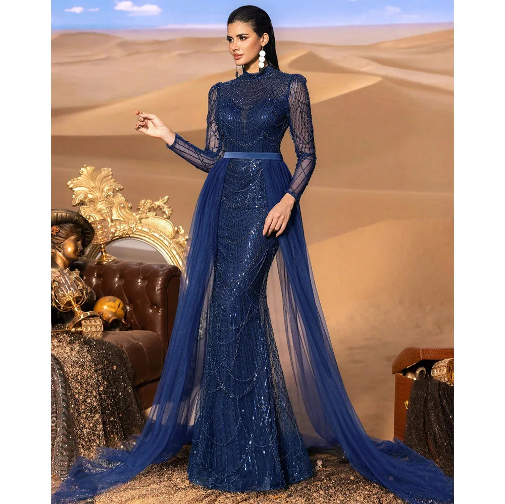Elegant Wedding Evening  Dress for Women 2026 Muslim Long Sleeves Mermaid Detachable Train Sequined Prom Party Gown Customized