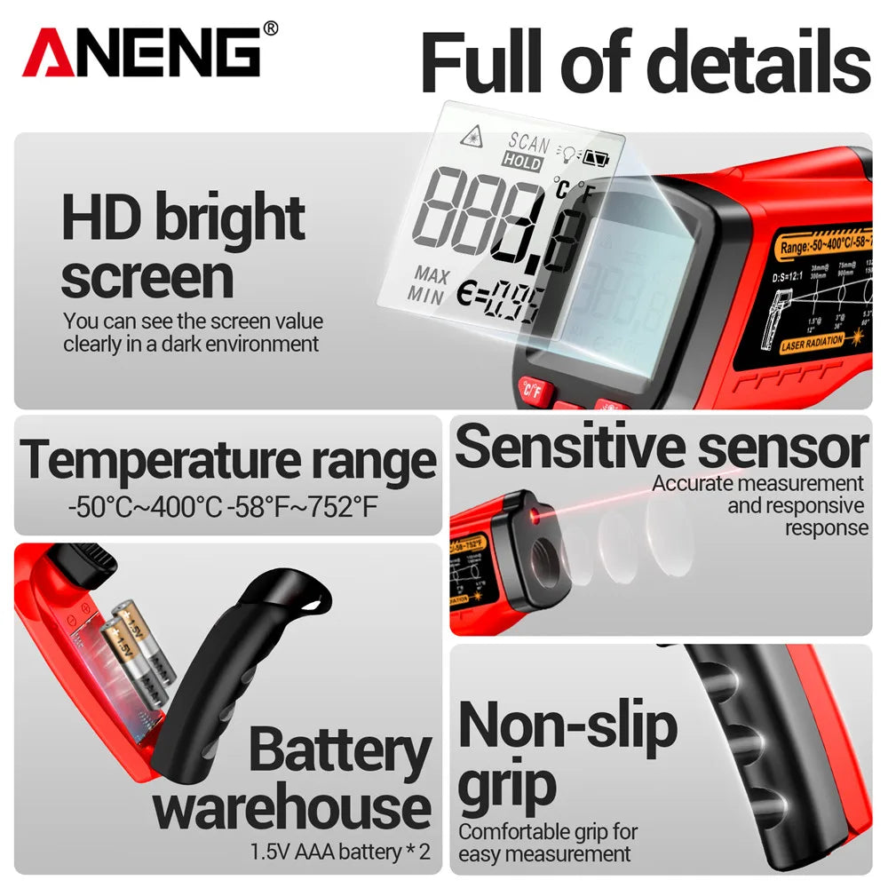 ANENG TH109 Thermometer IR Infrared Laser Industrial Temperature Measure Tester Non-Contact Thermometer Pyrometer Meter Tools